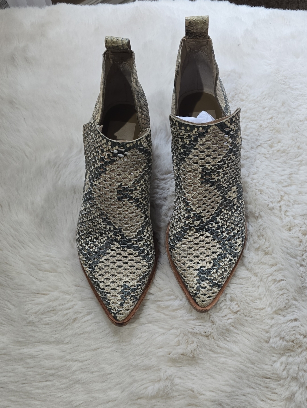Dolce Vita Beige and Black Woven Snake-Print Pointed Toe Ankle Boots